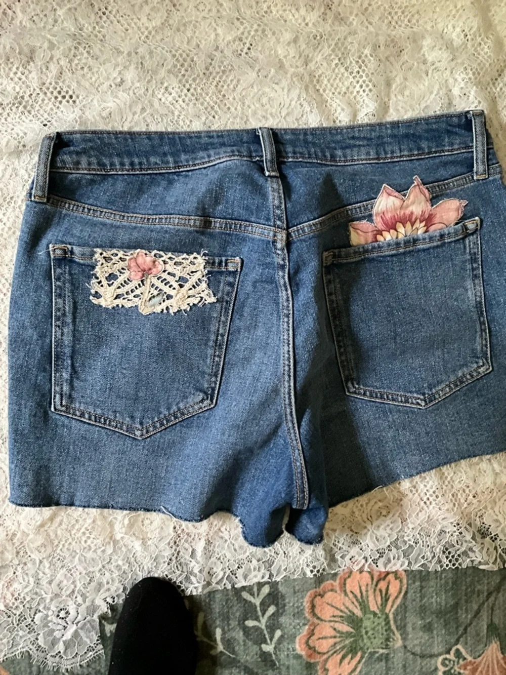Straight Upcycled Floral Distressed Denim Shorts Size 14